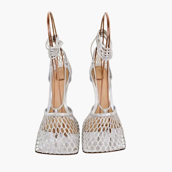Bottega Veneta Stretch Lace-Up Sandals EU 37.5 7.5 Silver Mesh Fishnet High Heel - Picture 3 of 15